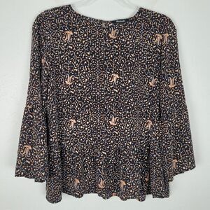 Madewell Silk Blouse 3/4 Bell Sleeve Peplum Patterned Black Multicolor Size L